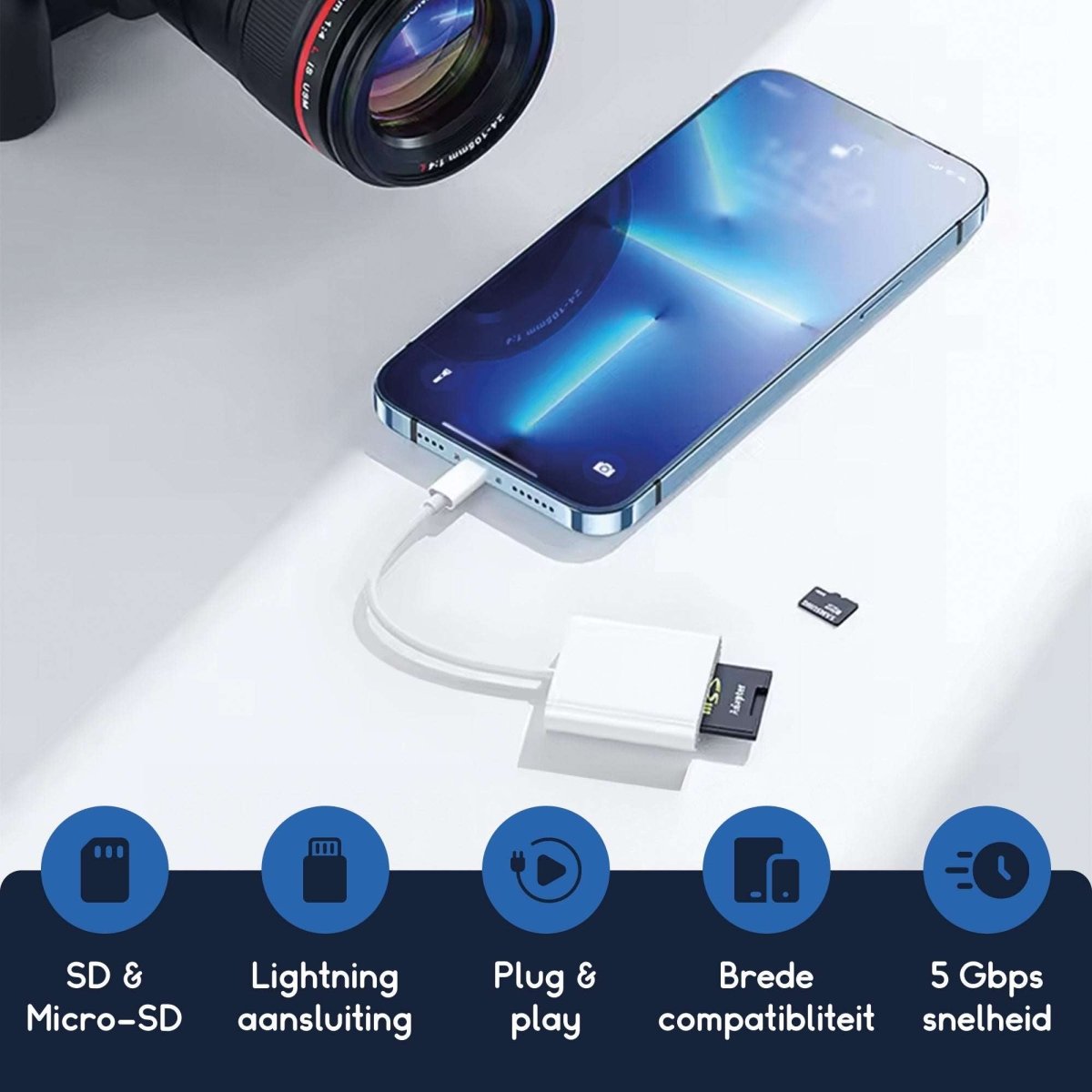 Ibley 2 - in - 1 Lightning SD/microSD kaartlezer – iPhone & iPad – Plug & Play – Wit - Ibley