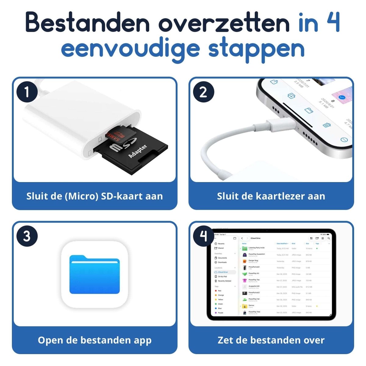 Ibley 2 - in - 1 Lightning SD/microSD kaartlezer – iPhone & iPad – Plug & Play – Wit - Ibley