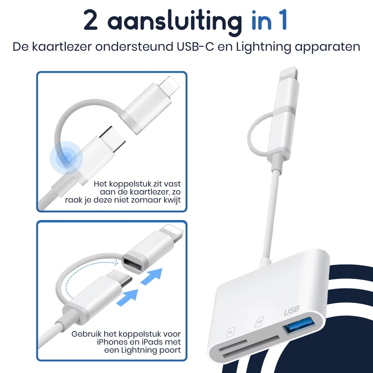 Ibley 3 - in - 1 SD Kaartlezer - Lightning & USB - C - Micro SD/SD/USB 3.0 - iPhone & iPad & Mac - Ibley