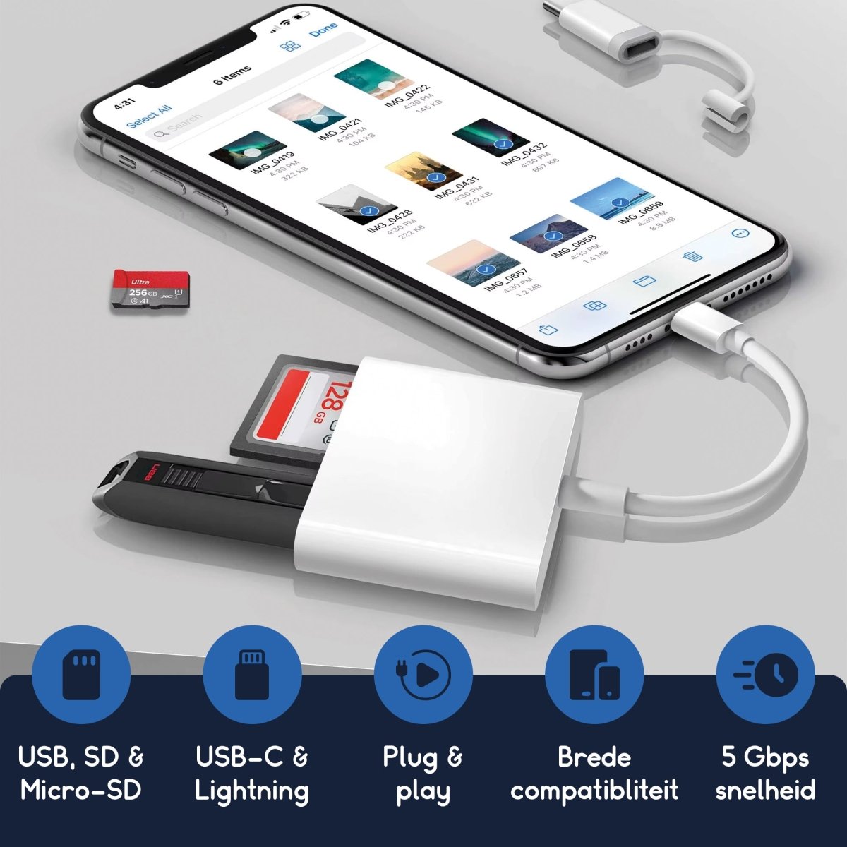 Ibley 3 - in - 1 SD Kaartlezer - Lightning & USB - C - Micro SD/SD/USB 3.0 - iPhone & iPad & Mac - Ibley