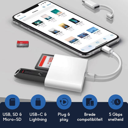 Ibley 3 - in - 1 SD Kaartlezer - Lightning & USB - C - Micro SD/SD/USB 3.0 - iPhone & iPad & Mac - Ibley