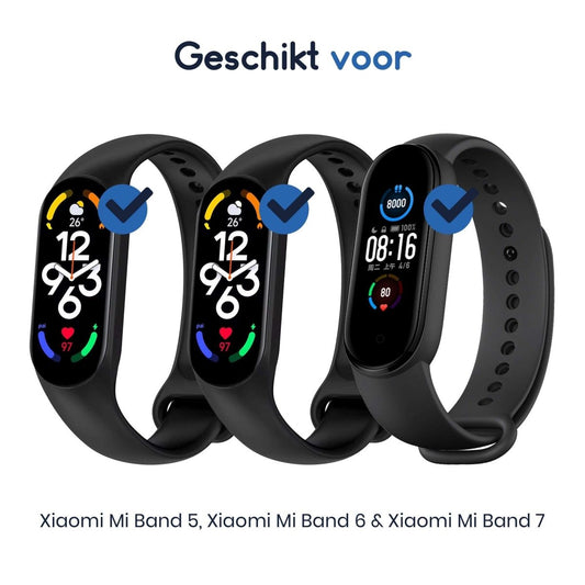 Ibley Bandje voor Xiaomi Mi Band 5/6/7 zwart - Siliconen band - Drukknoop sluiting - Vervangend horlogebandje - Ibley