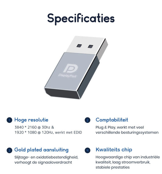 Ibley Displayport Dummy plug Grijs - Display emulator - 4K@30hz - 1080p@120hz - Virtuele display adapter - Emulator - Ibley