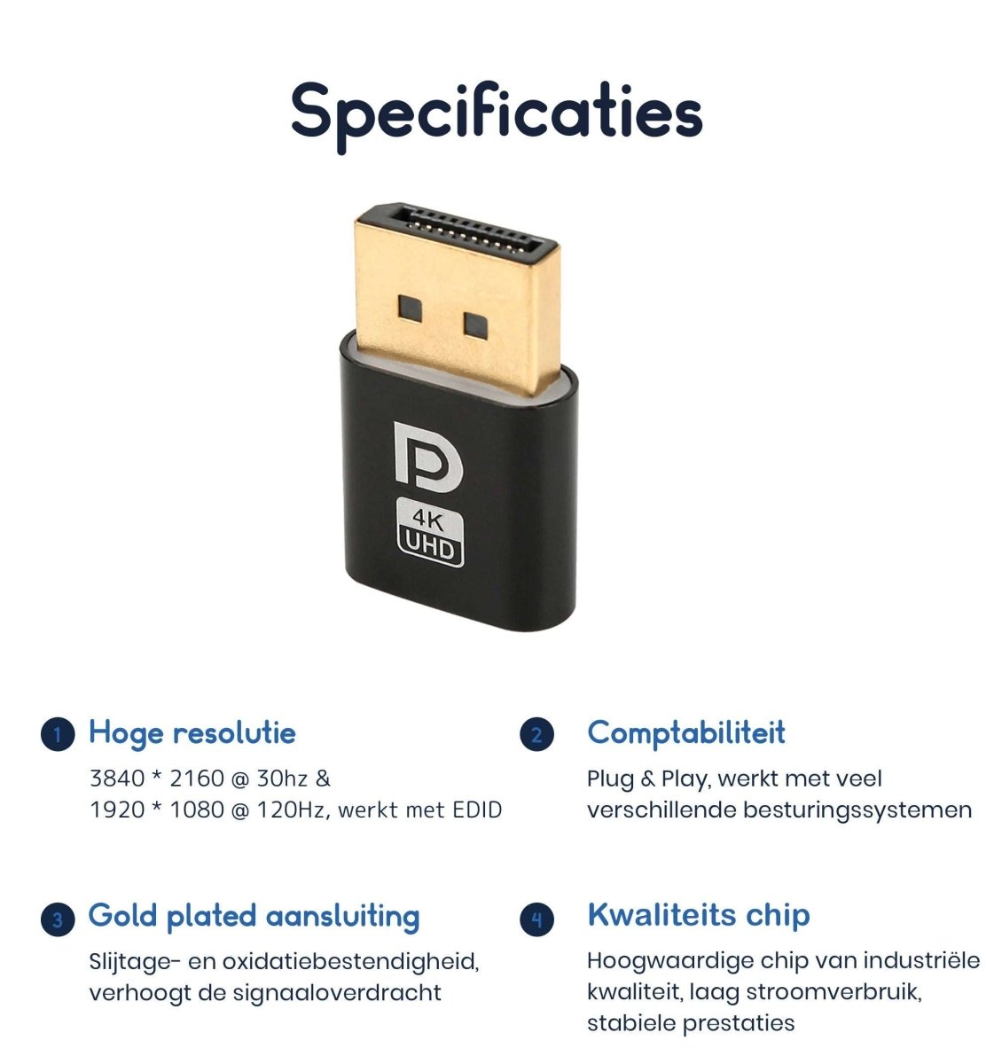 Ibley Displayport Dummy plug Zwart - Display emulator - 4K@30hz - 1080p@120hz - Virtuele display adapter - Emulator - Ibley
