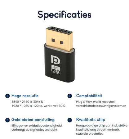 Ibley Displayport Dummy plug Zwart - Display emulator - 4K@30hz - 1080p@120hz - Virtuele display adapter - Emulator - Ibley