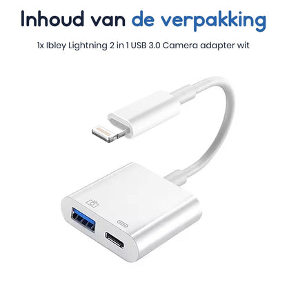 Ibley Lightning 2 in 1 USB 3.0 Camera adapter Wit - Geschikt voor iPhone en iPad - Plug & Play - IOS USB adapter - Met Lightning oplaadpoort - Ibley