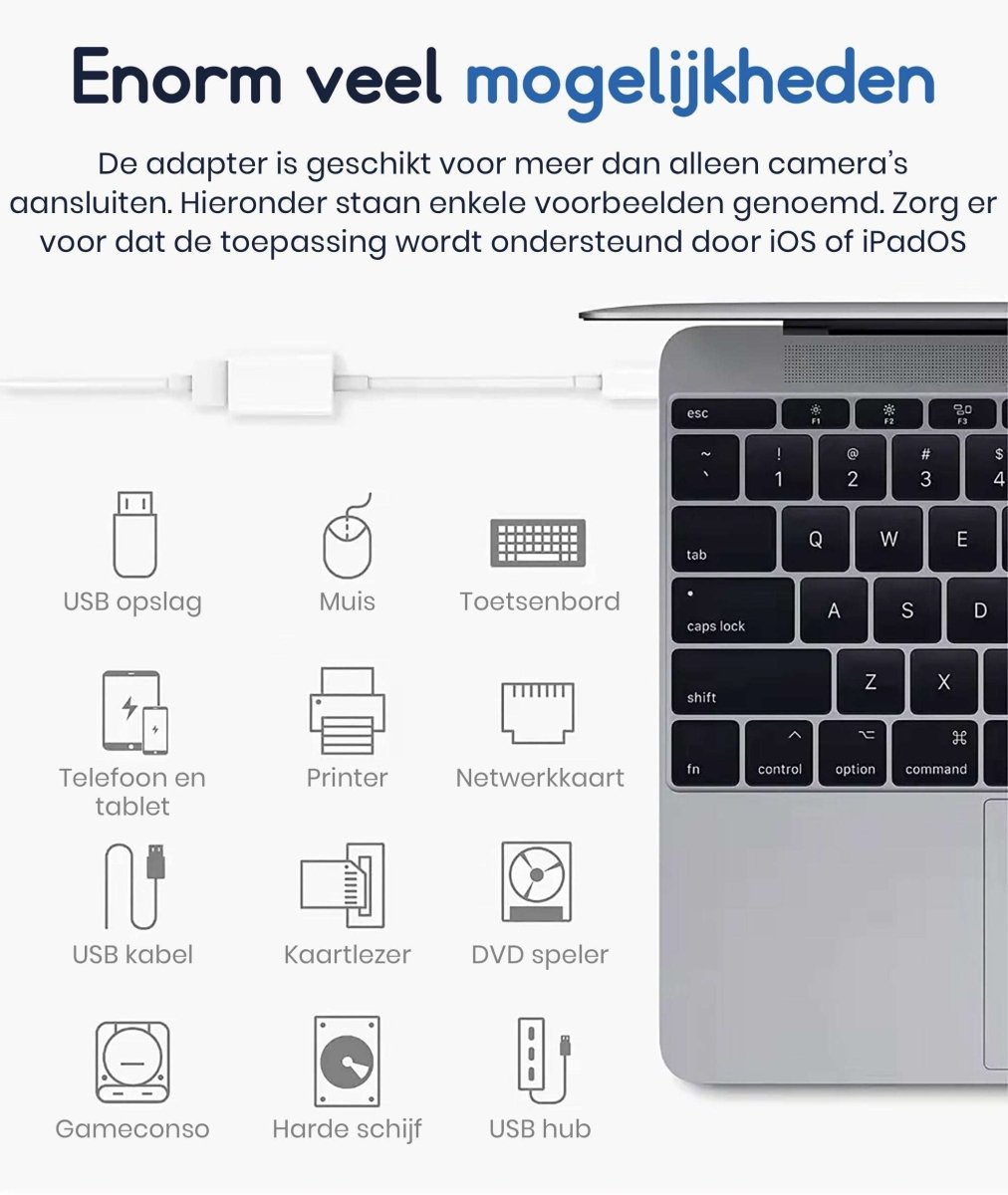 Ibley Lightning 2 in 1 USB 3.0 Camera adapter Wit - Geschikt voor iPhone en iPad - Plug & Play - IOS USB adapter - Met Lightning oplaadpoort - Ibley