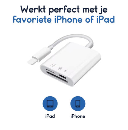 Ibley Lightning 3 in 1 SD kaartlezer wit voor iPhone en iPad - Cardreaders - Micro SD en SD kaartlezer - Oplaadpoort - Micro SD/SD/TF - Lightning aansluiting - Plug & Play - Ibley