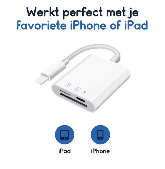 Ibley Lightning 3 in 1 SD kaartlezer wit voor iPhone en iPad - Cardreaders - Micro SD en SD kaartlezer - Oplaadpoort - Micro SD/SD/TF - Lightning aansluiting - Plug & Play - Ibley