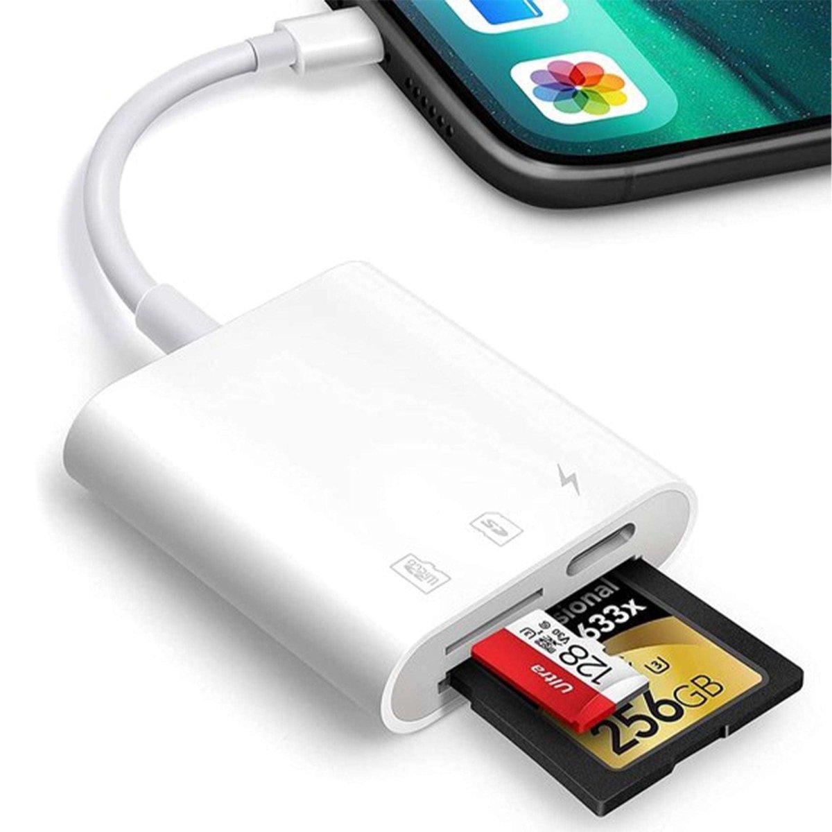 Ibley Lightning 3 in 1 SD kaartlezer wit voor iPhone en iPad - Cardreaders - Micro SD en SD kaartlezer - Oplaadpoort - Micro SD/SD/TF - Lightning aansluiting - Plug & Play - Ibley