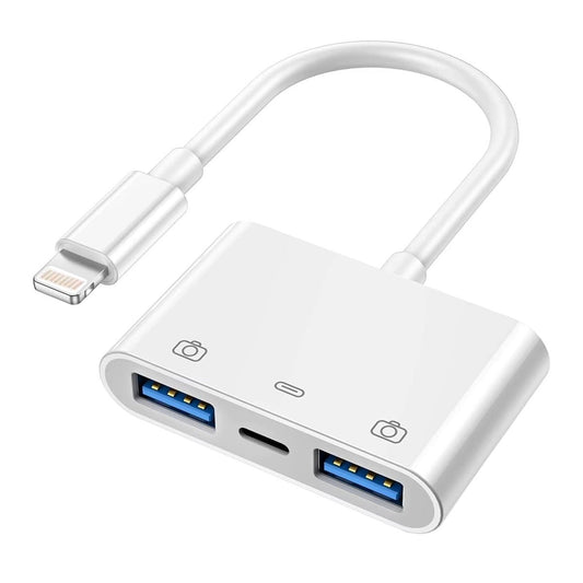 Ibley Lightning 3 in 1 USB 3.0 Camera adapter Wit - Geschikt voor iPhone en iPad - Plug & Play - IOS USB adapter - Met oplaadpoort - Ibley