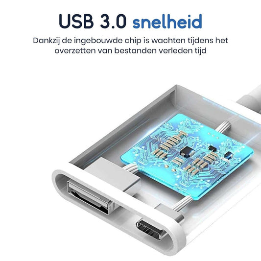 Ibley Lightning 3 in 1 USB 3.0 Camera adapter Wit - Geschikt voor iPhone en iPad - Plug & Play - IOS USB adapter - Met oplaadpoort - Ibley