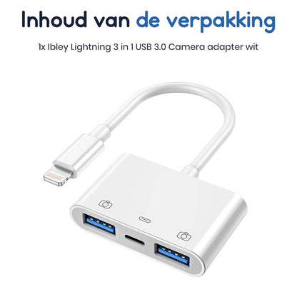Ibley Lightning 3 in 1 USB 3.0 Camera adapter Wit - Geschikt voor iPhone en iPad - Plug & Play - IOS USB adapter - Met oplaadpoort - Ibley