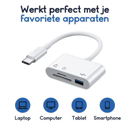 Ibley SD Kaartlezer USB‑C – MicroSD & SD – USB 3.0 – Voor iPhone 15, iPad, Windows & Android - Wit - Ibley