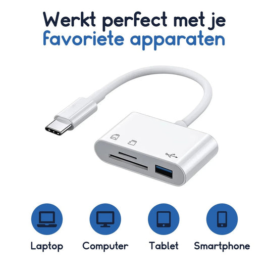 Ibley SD Kaartlezer USB‑C – MicroSD & SD – USB 3.0 – Voor iPhone 15, iPad, Windows & Android - Wit - Ibley