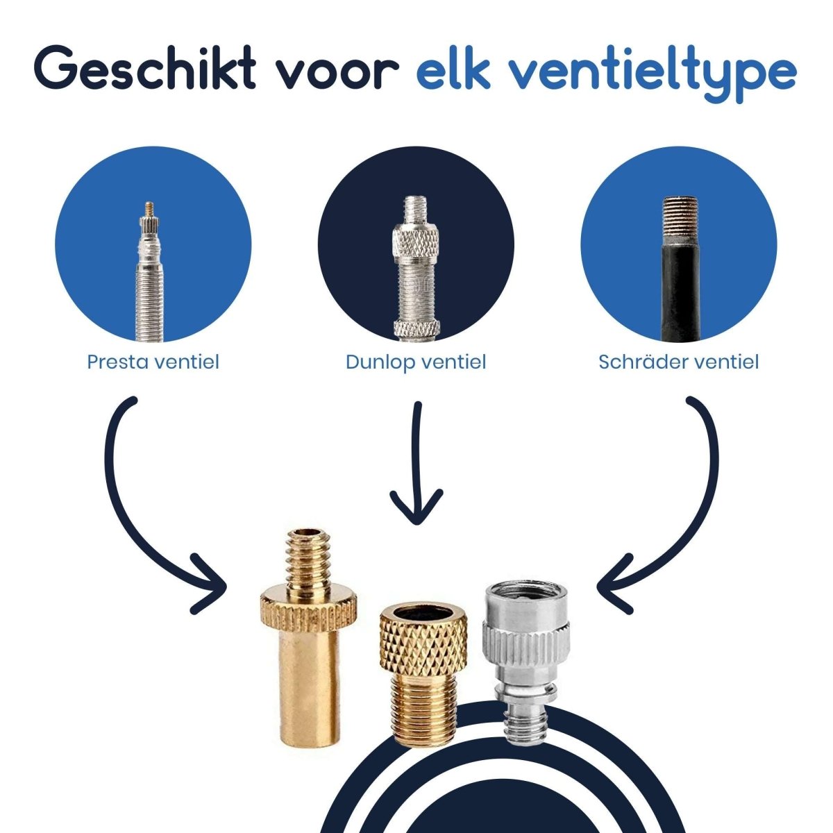 Ibley Set van 3 Verloopnippels – Ventieladapter Fiets - & Autoventiel – Frans, Hollands & Schrader – Messing/staal – Universel - Ibley