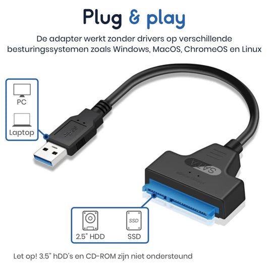Ibley USB 3.0 naar SATA III adapter | SATA 3 adapter kabel | 7 pin, 15 pin en 22 pin | Geschikt voor SSD’s en 2.5” HDD’s | 22cm kabel - Ibley