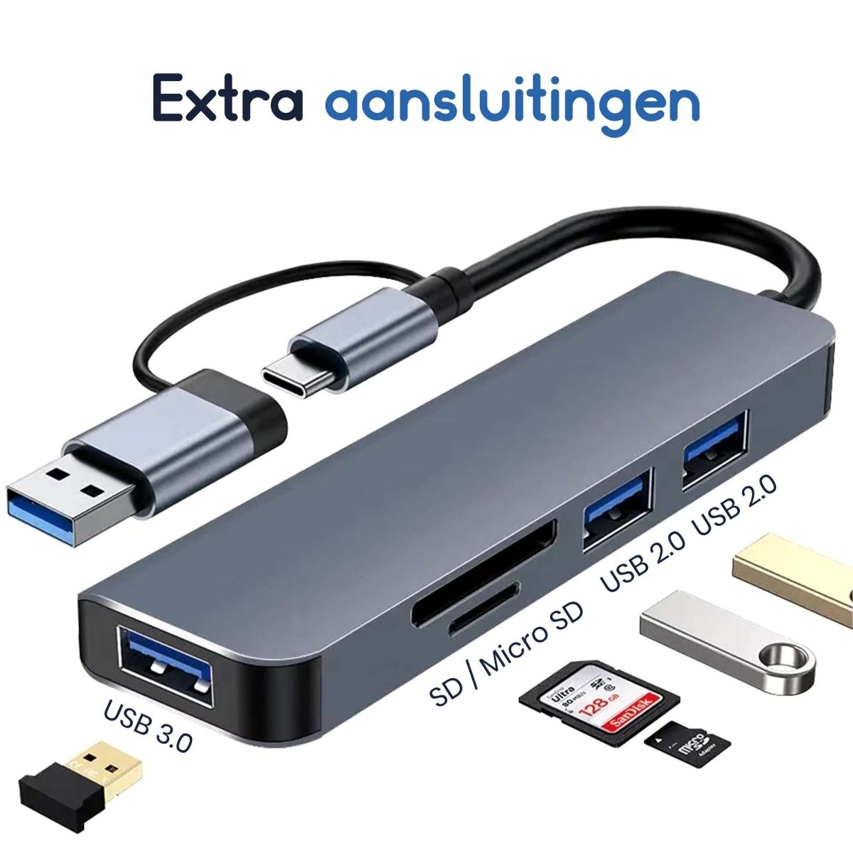 Ibley USB - C/USB - A 5 in 1 SD kaartlezer donkergrijs - Cardreaders - USB - C hub - Micro SD en SD kaartlezer - 1x USB 3.0 + 2x USB 2.0 - Micro SD/SD/TF - USB - C & USB - A aansluiting - Plug & Play - Ibley