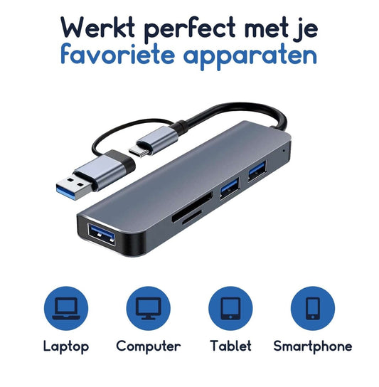 Ibley USB - C/USB - A 5 in 1 SD kaartlezer donkergrijs - Cardreaders - USB - C hub - Micro SD en SD kaartlezer - 1x USB 3.0 + 2x USB 2.0 - Micro SD/SD/TF - USB - C & USB - A aansluiting - Plug & Play - Ibley