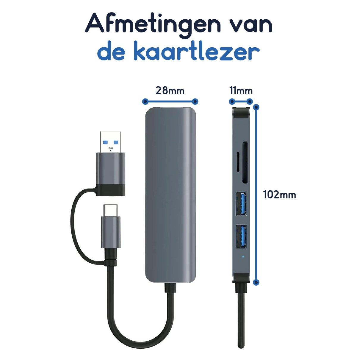 Ibley USB - C/USB - A 5 in 1 SD kaartlezer donkergrijs - Cardreaders - USB - C hub - Micro SD en SD kaartlezer - 1x USB 3.0 + 2x USB 2.0 - Micro SD/SD/TF - USB - C & USB - A aansluiting - Plug & Play - Ibley