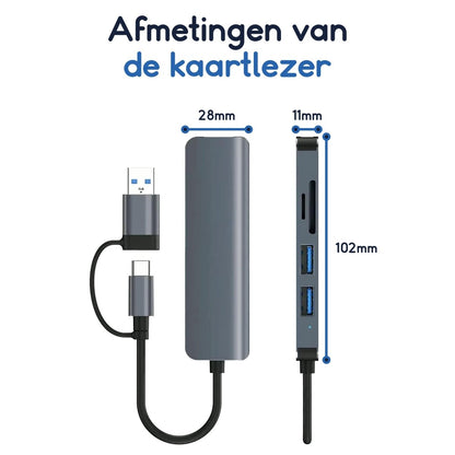 Ibley USB - C/USB - A 5 in 1 SD kaartlezer donkergrijs - Cardreaders - USB - C hub - Micro SD en SD kaartlezer - 1x USB 3.0 + 2x USB 2.0 - Micro SD/SD/TF - USB - C & USB - A aansluiting - Plug & Play - Ibley